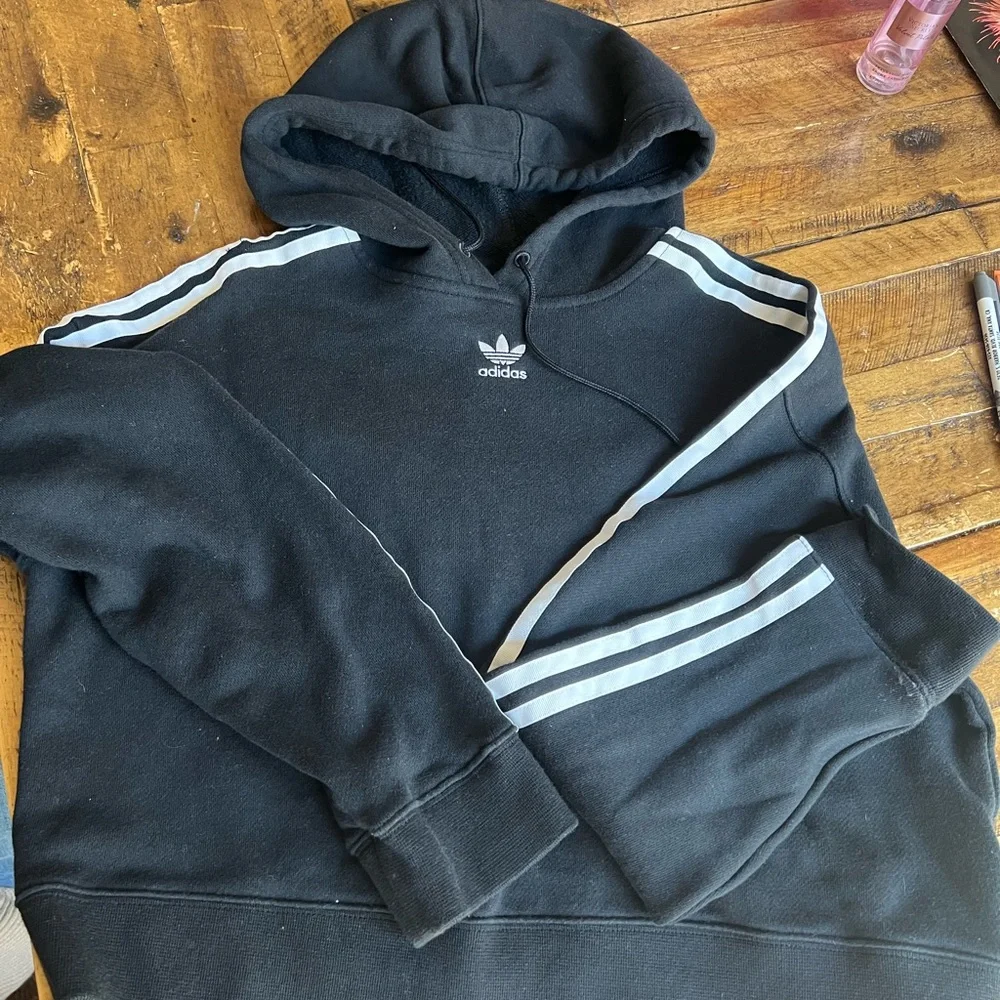Adidas Black Hoodie with White Stripes pit 22 length 18 - Picture 3 of 5